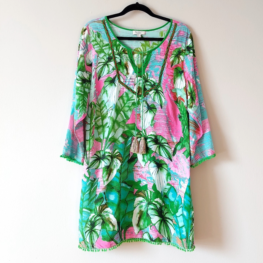 Green & Pink Tropical Print Women’s Tunic Dress